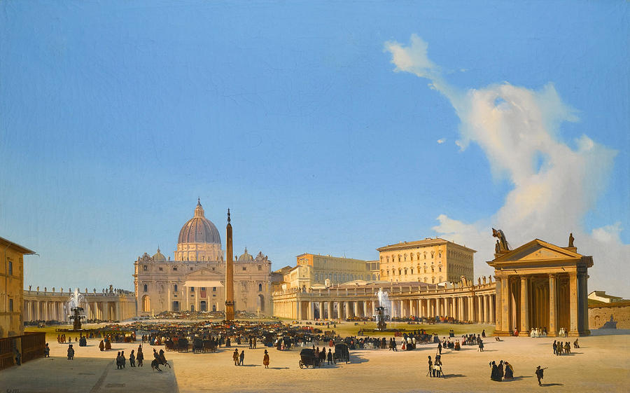 Rome A view of Saint Peters Basilica and Square with Crowds awaiting a Papal Audience Painting by Ippolito Caffi