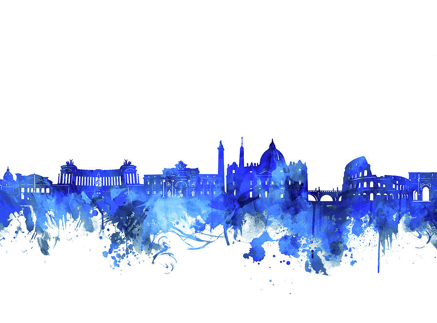 Rome City Skyline Watercolor Blue Digital Art by Bekim M