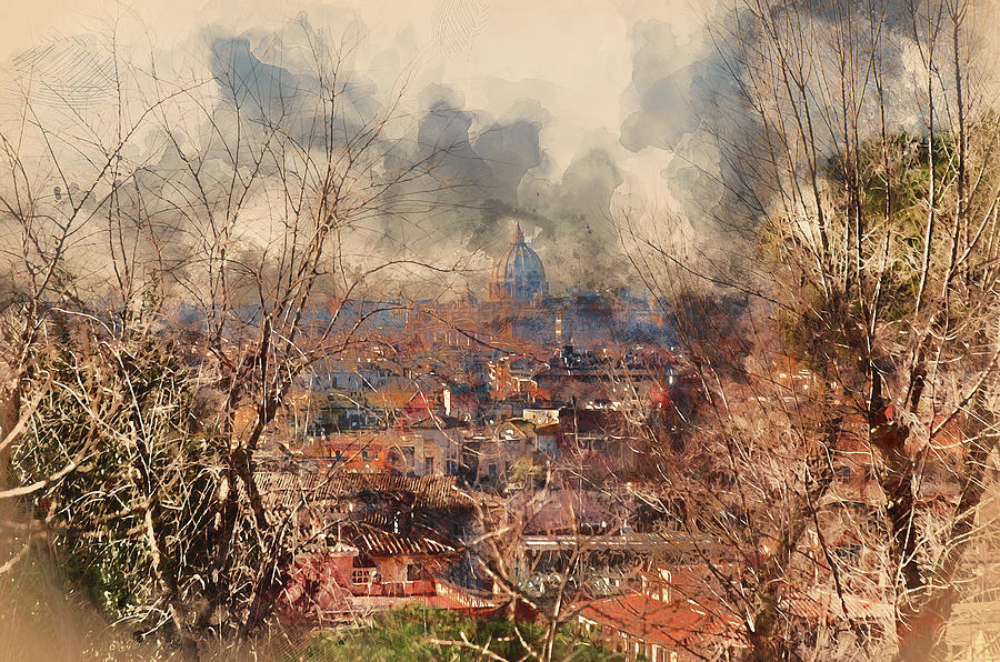 Rome, cityscape from Belvedere del Pincio - 02 Painting by AM FineArtPrints