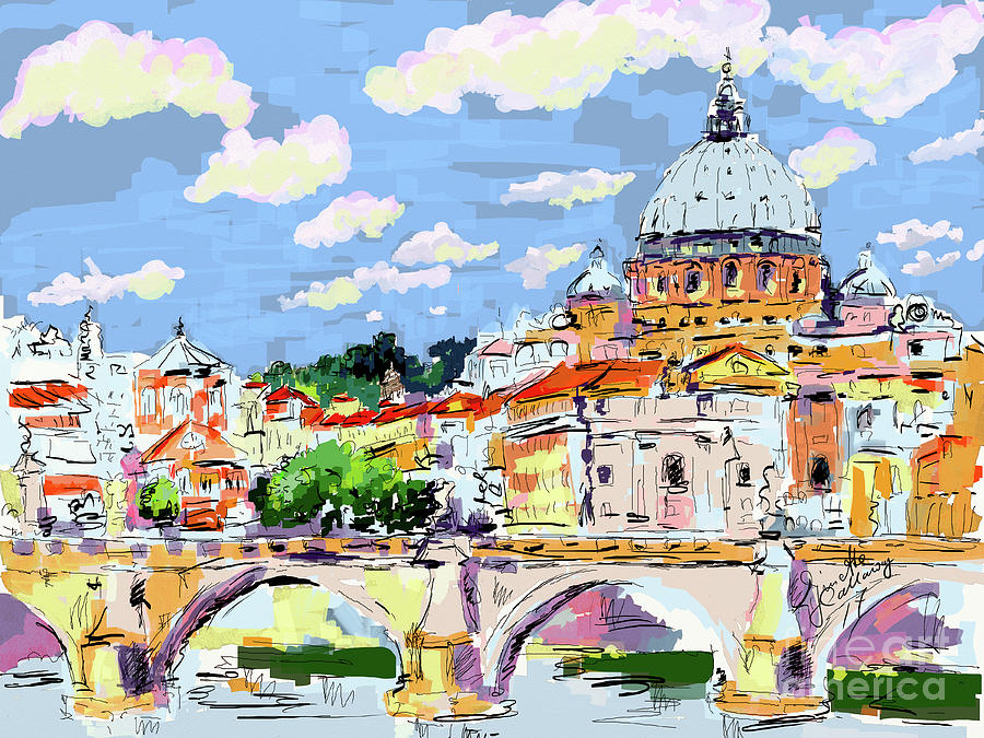 Rome Italy Ponte Sant Angelo and Basilica Digital Art by Ginette Callaway