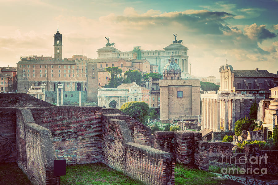 Rome, Italy vintage skyline. Roman Forum and Altare della Patria Photograph by Michal Bednarek