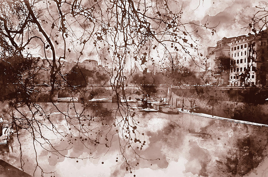 Rome, River Tevere - Watercolor 02 Painting by AM FineArtPrints