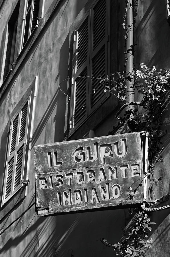 Rome Urban Street Scene with Indian Restaurant Sign Black and White Photograph by Shawn OBrien