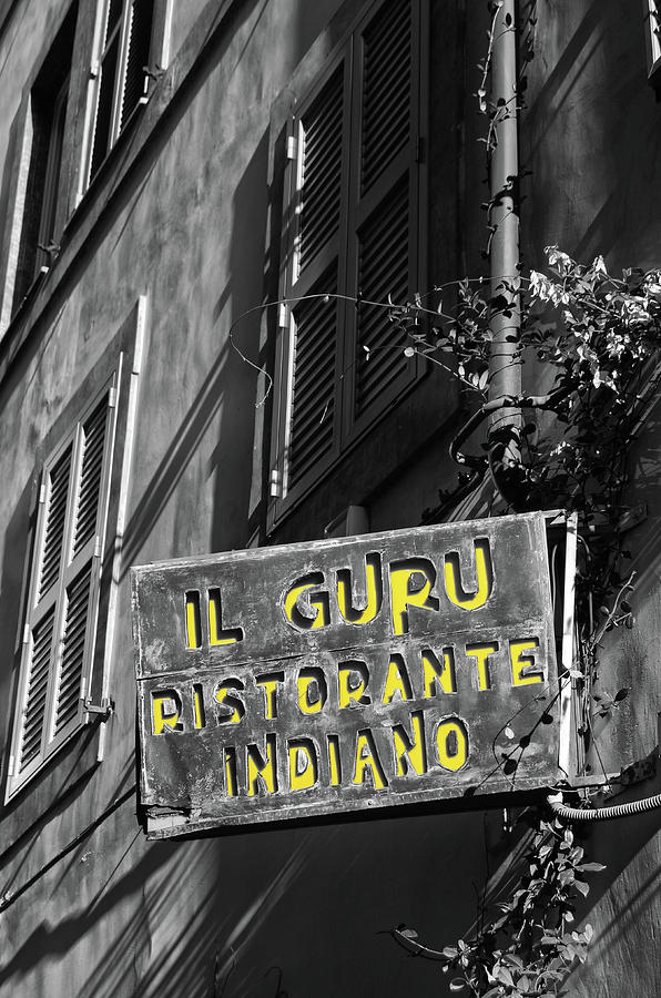 Rome Urban Street Scene with Indian Restaurant Sign Color Splash Black and White Digital Art by Shawn OBrien