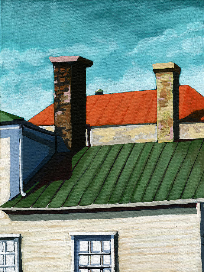 Rooftops city houses painting Painting by Linda Apple