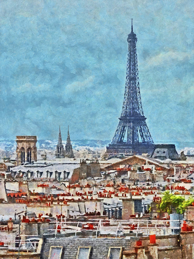 Rooftops in Paris and the Eiffel Tower Digital Art by Digital Photographic Arts