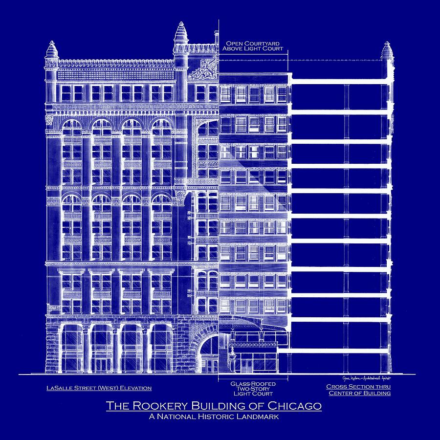 Chicago Mixed Media - Rookery Building - Blueprint by Gene Nelson