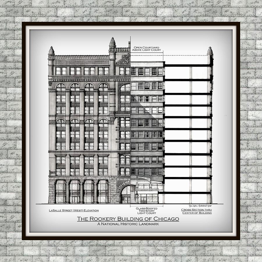 Chicago Mixed Media - Rookery Building - Vignette - Museum Matte - Gray Stone by Gene Nelson