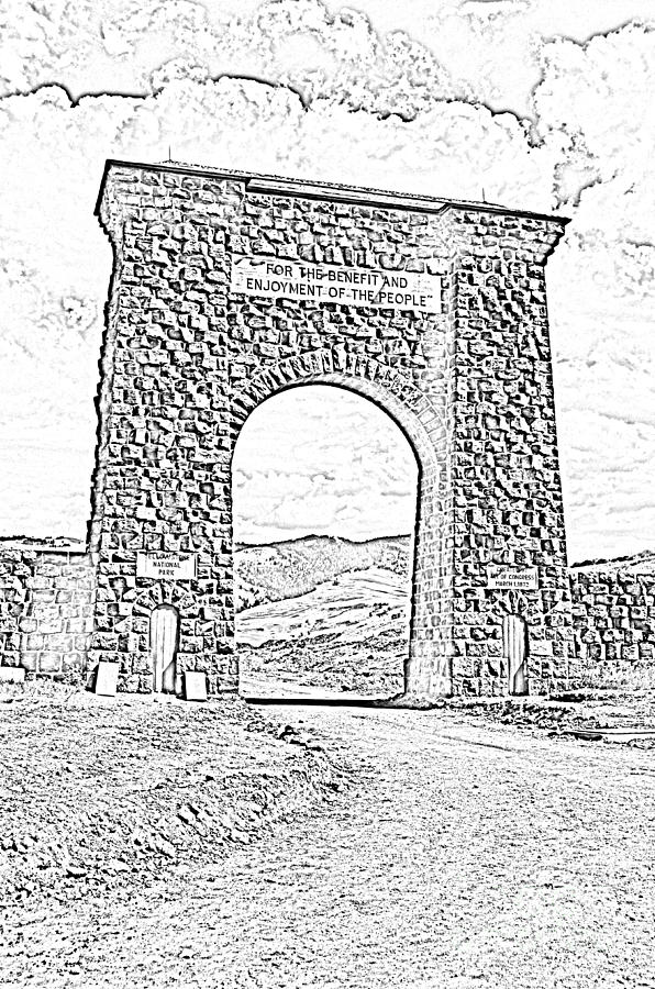 Yellowstone National Park Photograph - Roosevelt Arch 1903 Gate Old Time Dirt Road Yellowstone National Park BW Sketch Digital Art by Shawn OBrien