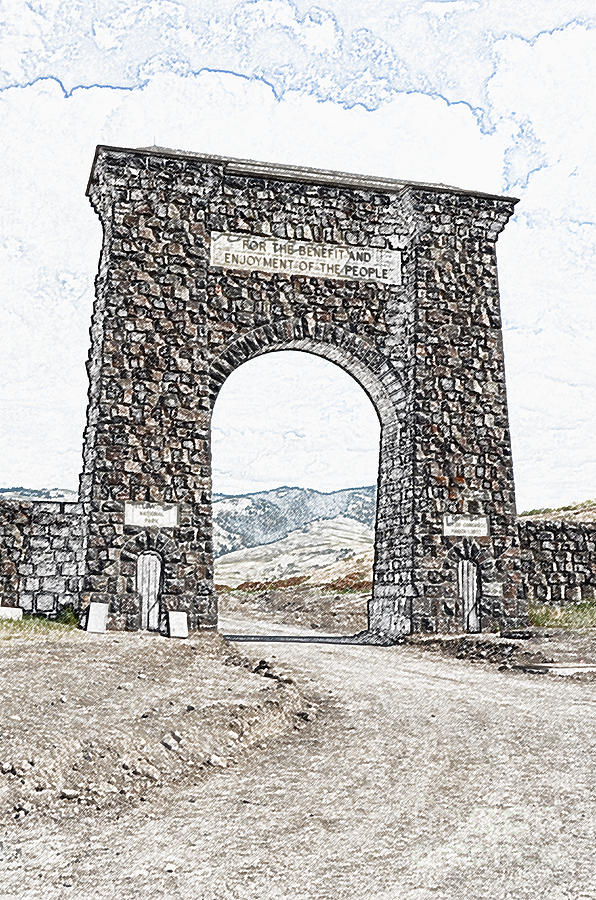 Roosevelt Arch 1903 Gate Old Time Dirt Road Yellowstone National Park Colored Pencil Digital Art Digital Art by Shawn OBrien