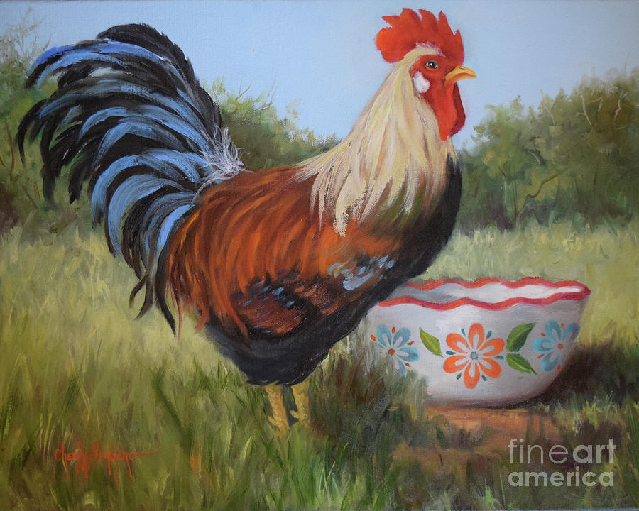 Rooster And Bowl I Painting by Cheri Wollenberg