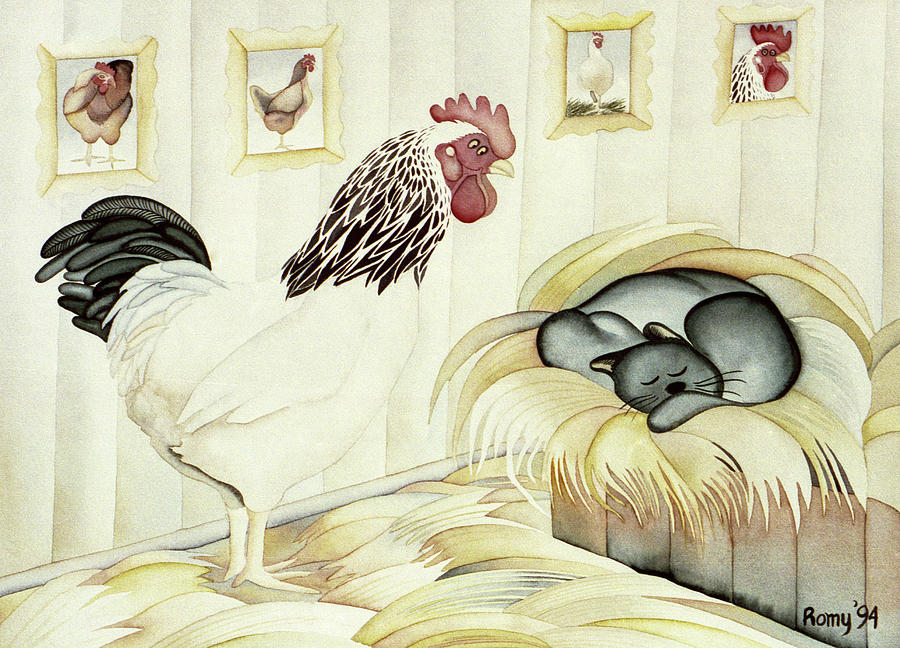 Rooster Painting - Rooster and Cat by Romy Muirhead