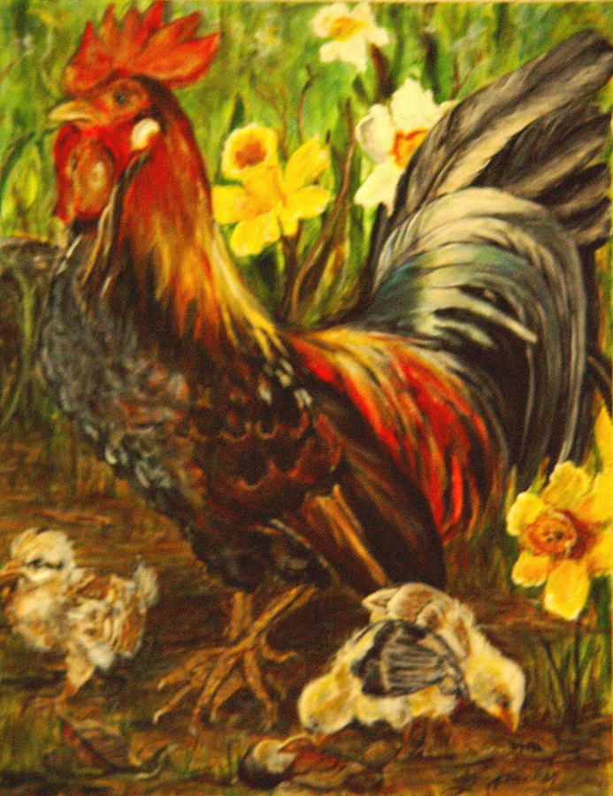 Rooster and chicks I Painting by Bonnie Peacher