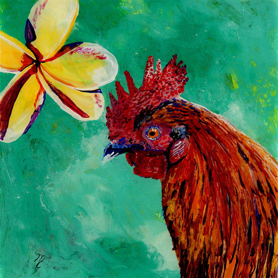 Kauai Rooster Painting - Rooster and Plumeria by Marionette Taboniar