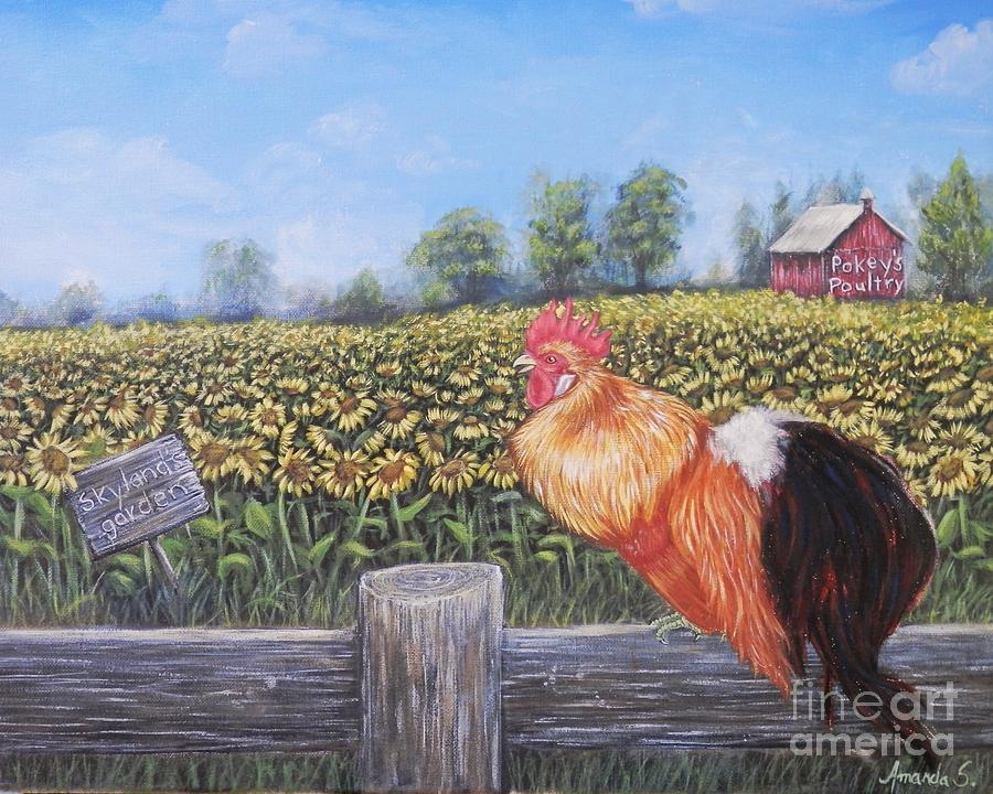 Rooster Painting - Rooster and Sunflowers  by Amanda Hukill