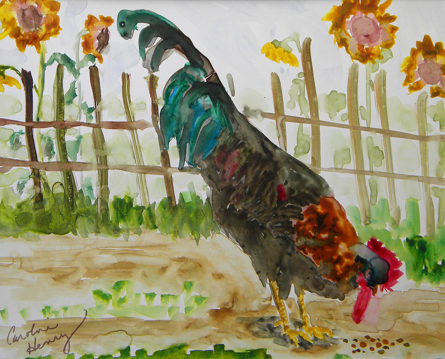 Rooster and Sunflowers Painting by Caroline Henry