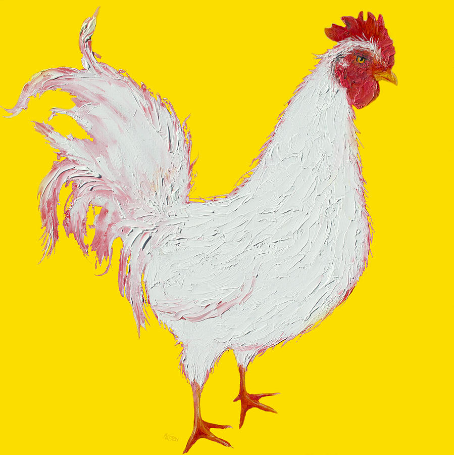 Rooster Painting - Rooster Art on yellow background by Jan Matson