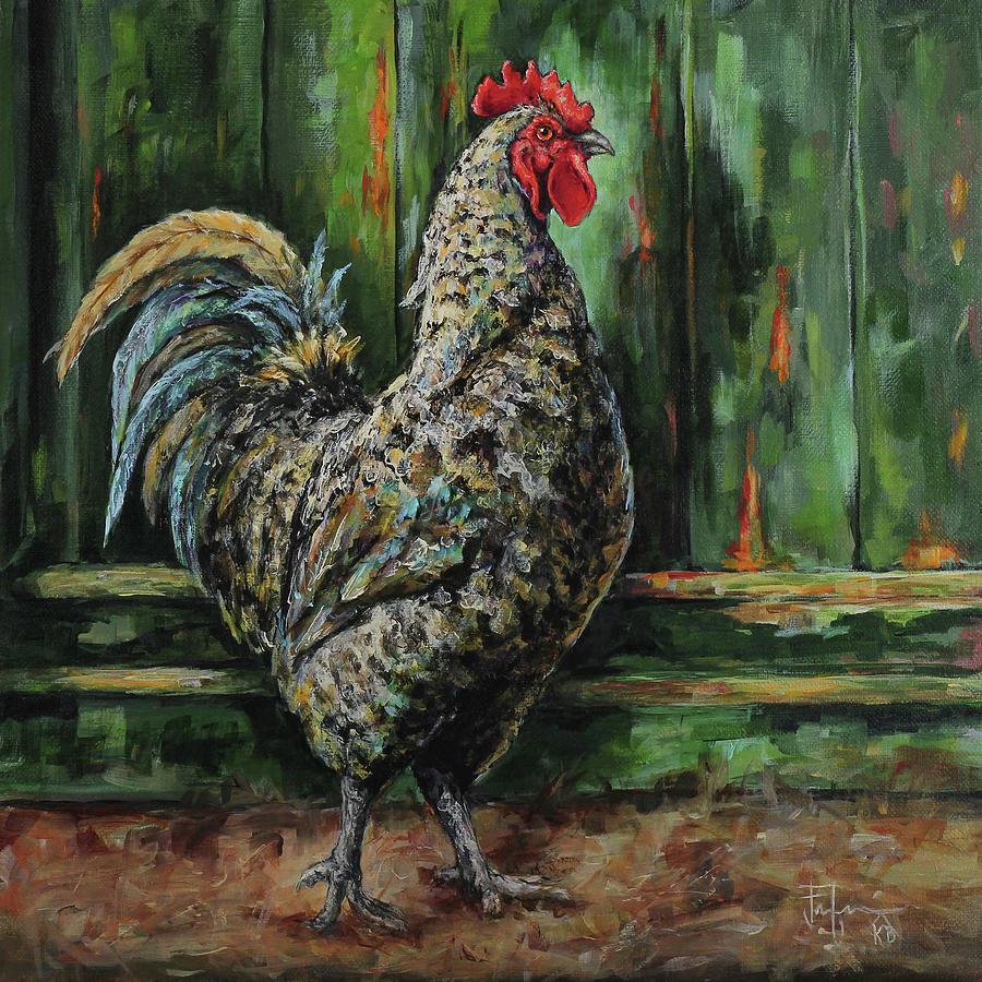 Rooster by a Green Door Painting by Joan Frimberger