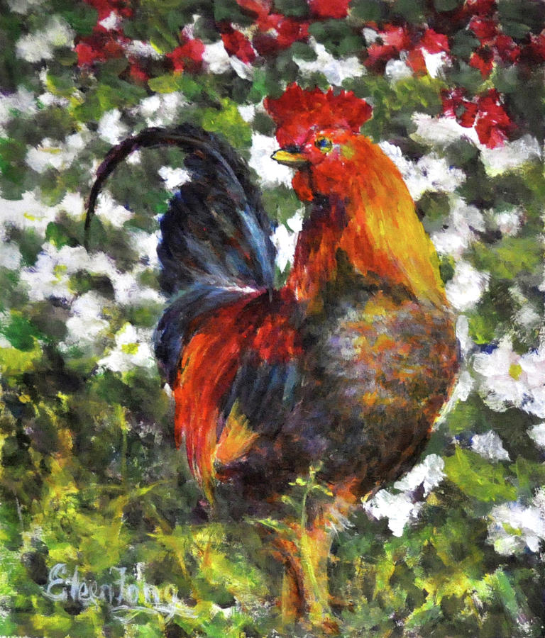 Rooster in Garden Painting by Eileen  Fong