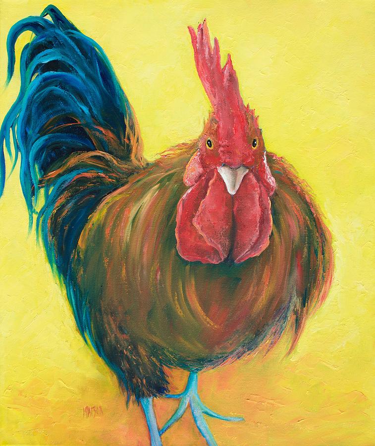 Rooster painting - rooster on yellow background Painting by Jan Matson