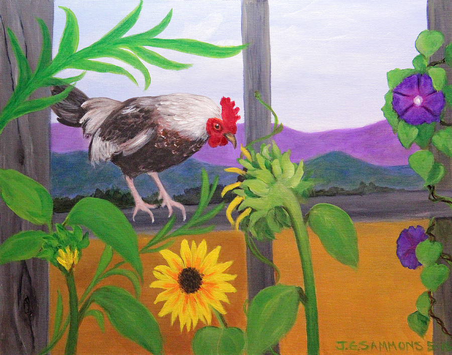 Rooster Sampling Sunflowers Painting by Janet Greer Sammons