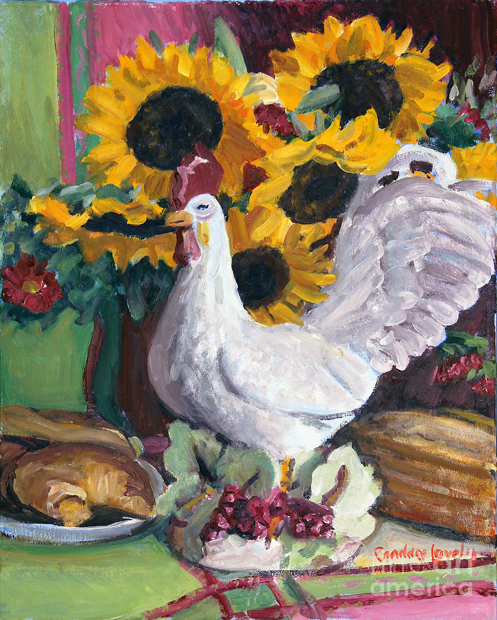 Rooster with Sunflowers Painting by Candace Lovely