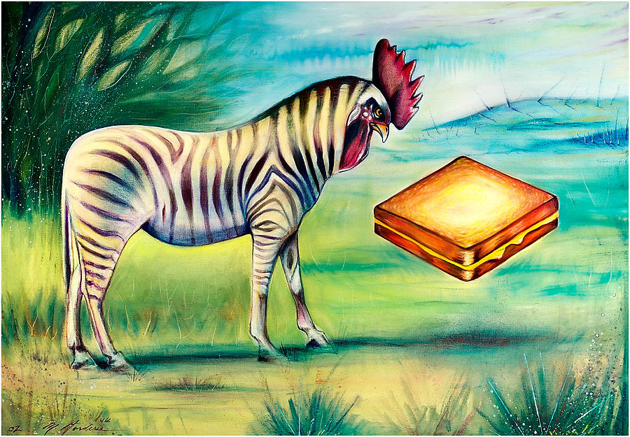 Pop Surrealism Painting - Rooster Zebra Contemplating Grilled Cheese Sandwich by Matt Forderer