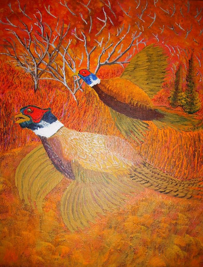Bird Painting - Roosters in the evening by Roy Penny