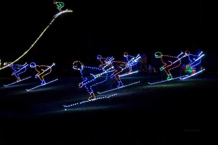 Winter Photograph - Rope Light Art Skiers by Thomas Woolworth