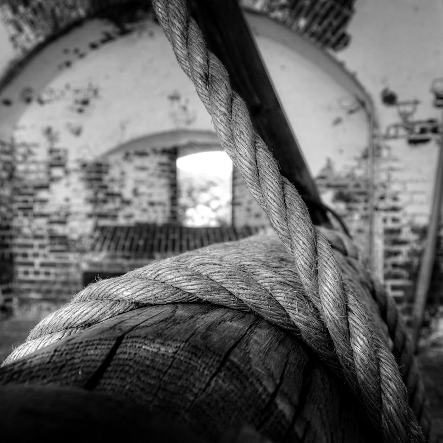 Brick Photograph - Rope On Roller In Black and White by Greg and Chrystal Mimbs