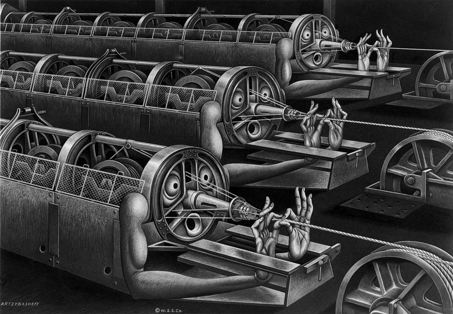 Surrealism Drawing - Rope Robots by Boris Artzybasheff