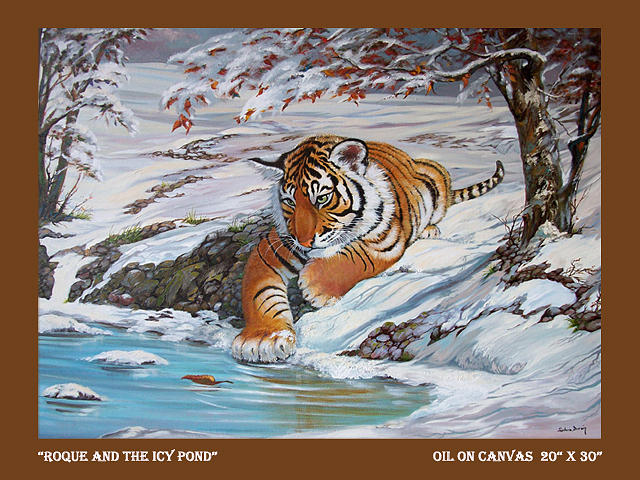 Tiger Cub Painting - Roque and the Icy Pond by Silvia  Duran