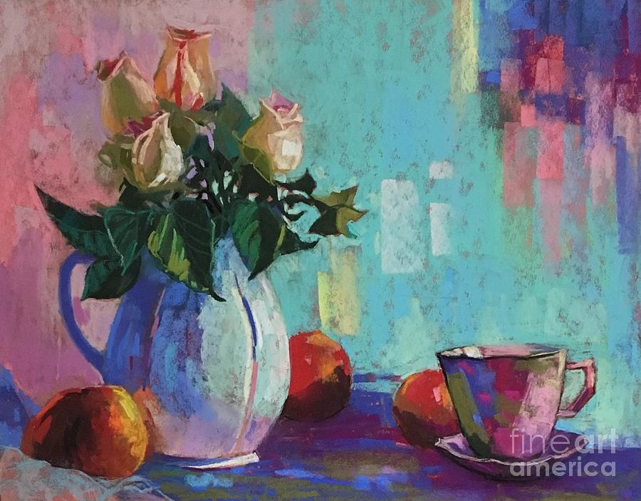 Rose and peaches still life Painting by Celine  K Yong