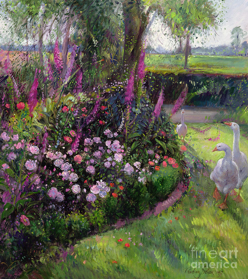 Goose Painting - Rose Bed and Geese by Timothy Easton