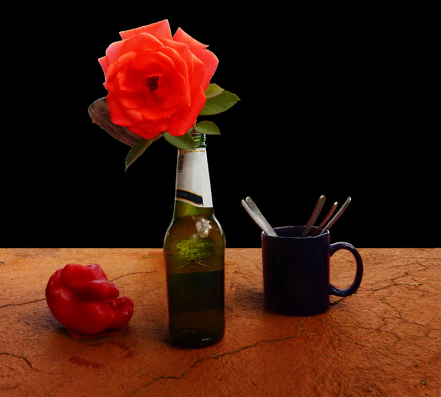 Rose Bottle Capsicum Mug Spoons Photograph by Mark Blauhoefer