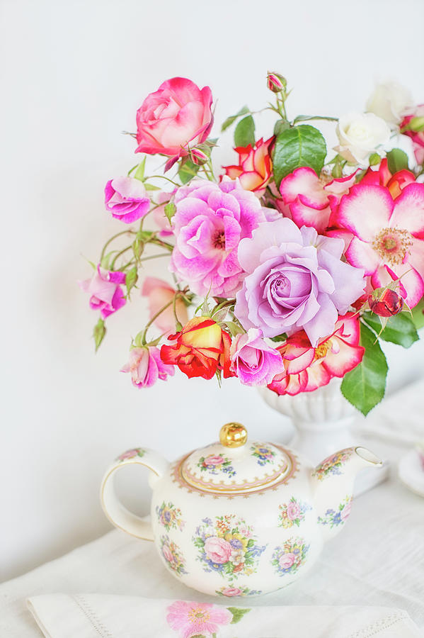 Rose Bouquet and Vintage Teapot Photograph by Susan Gary