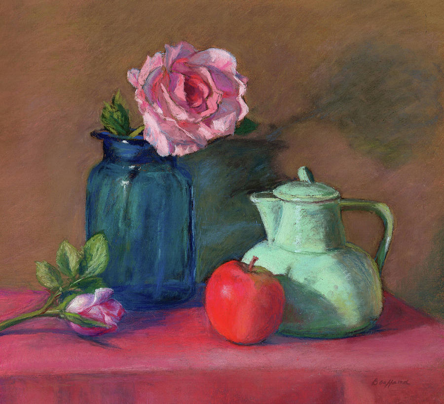 Rose in Blue Jar Painting by Vikki Bouffard