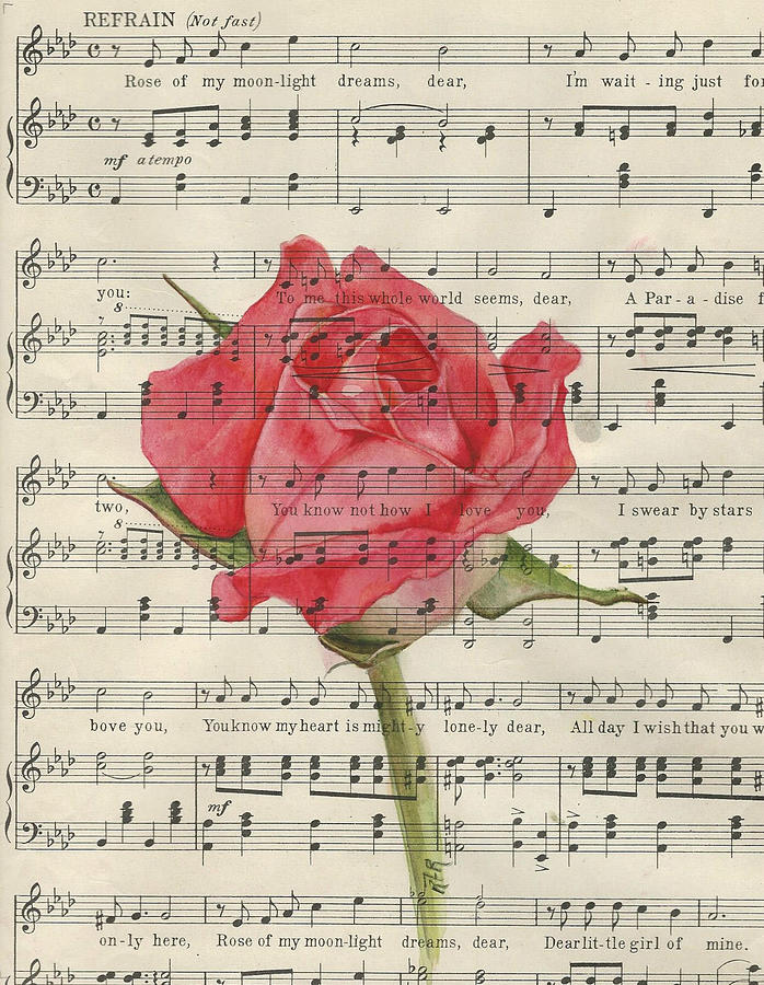 Rose On Vintage Sheet Music Painting by R Rhodes