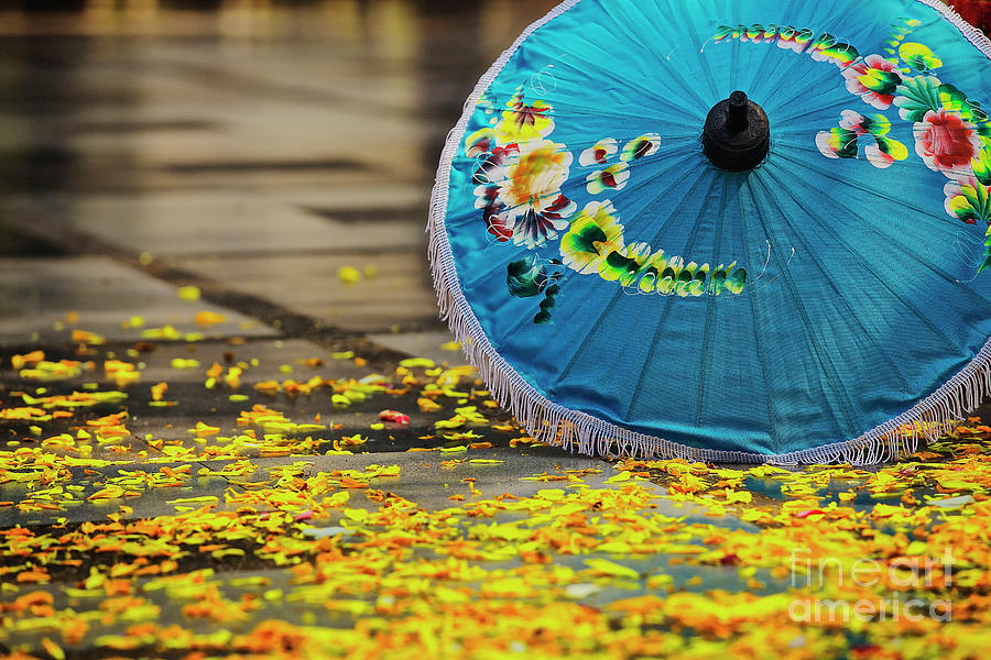 Rose Petals and Umbrella at Wat Phrathat Doi Suthep in Chiang Mai, Thailand Photograph by Sam Antonio