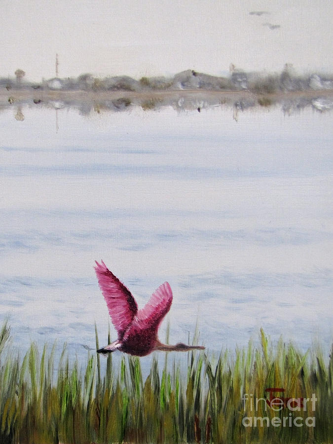 Roseate Spoonbill Flight Over the Bay Painting by Jimmie Bartlett
