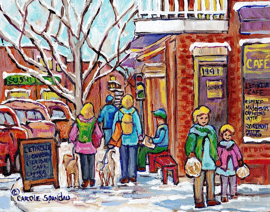 Rosemont Petite Patrie Montreal Art Winter Montreal Painting Letincelle Cafe Rue Beaubien C Spandau Painting by Carole Spandau