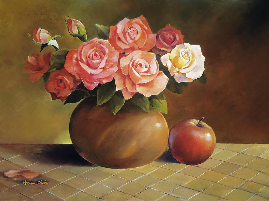 Roses and Apple Painting by Han Choi - Printscapes
