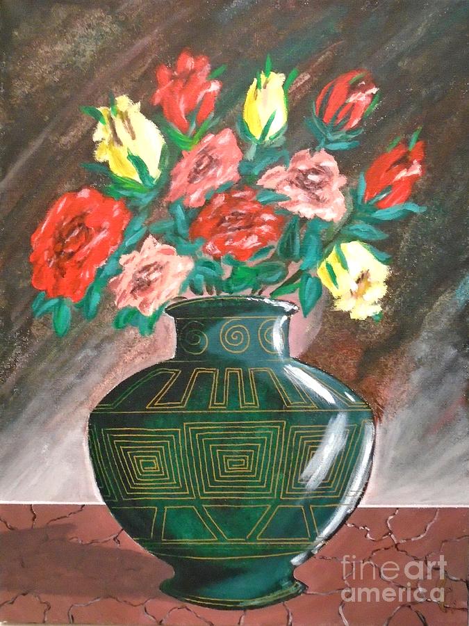 Roses and Blue Vase Painting by John Lyes