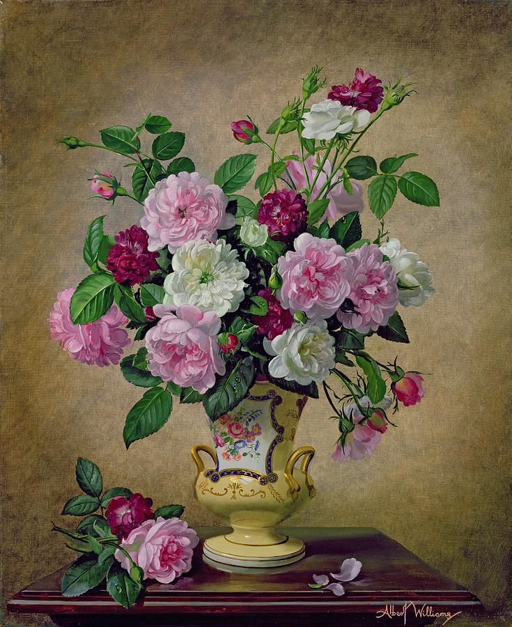 Rose Painting - Roses and dahlias in a ceramic vase by Albert Williams
