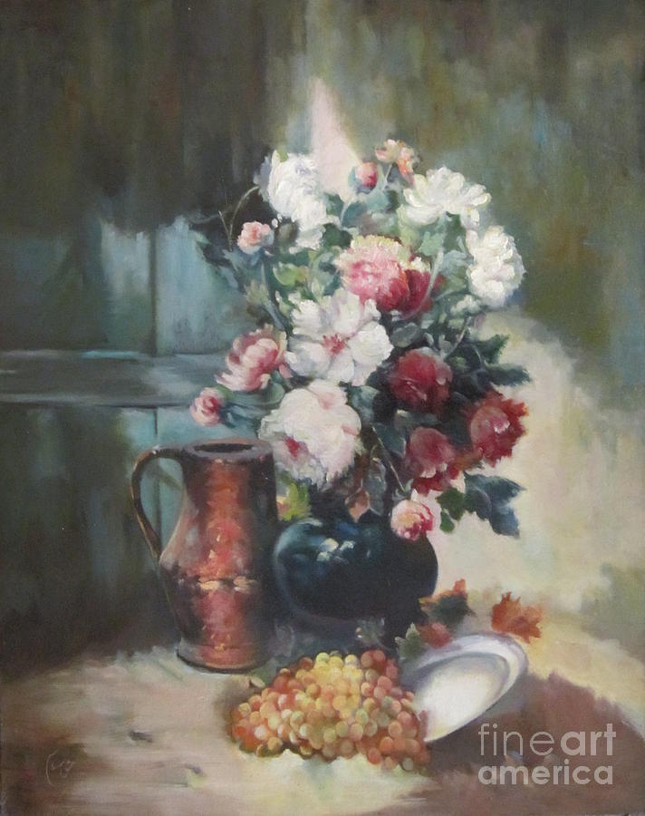 Still Life Painting - Roses and Grapes by Farideh Haghshenas