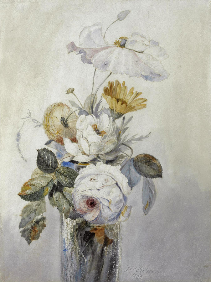 Roses and other Flowers in a Glass Vase Drawing by James Holland
