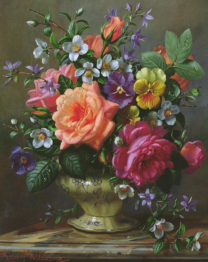 Rose Painting - Roses and pansies by Albert Williams