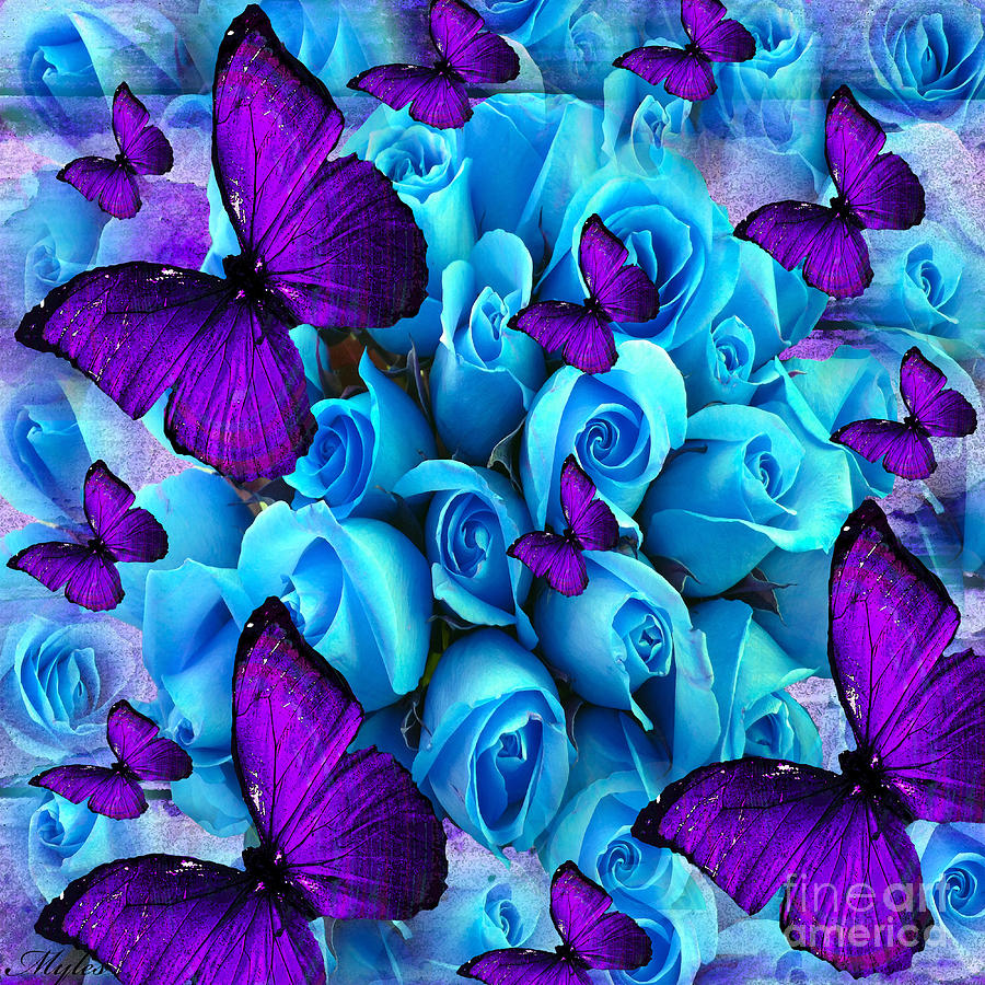 Roses And Purple Butterflies Painting by Saundra Myles