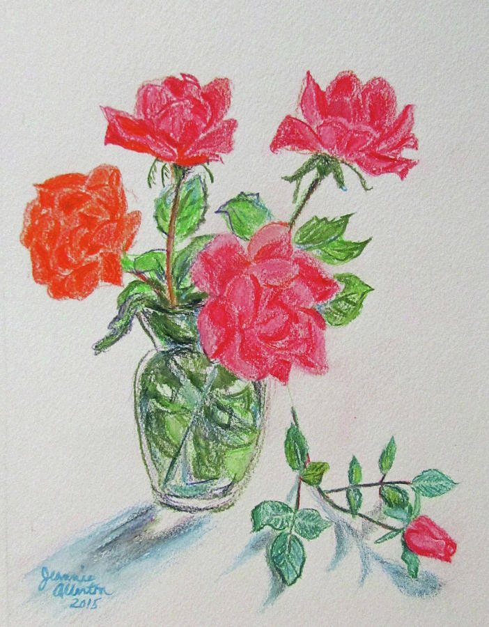 Roses and Rosebud Drawing by Jeannie Allerton