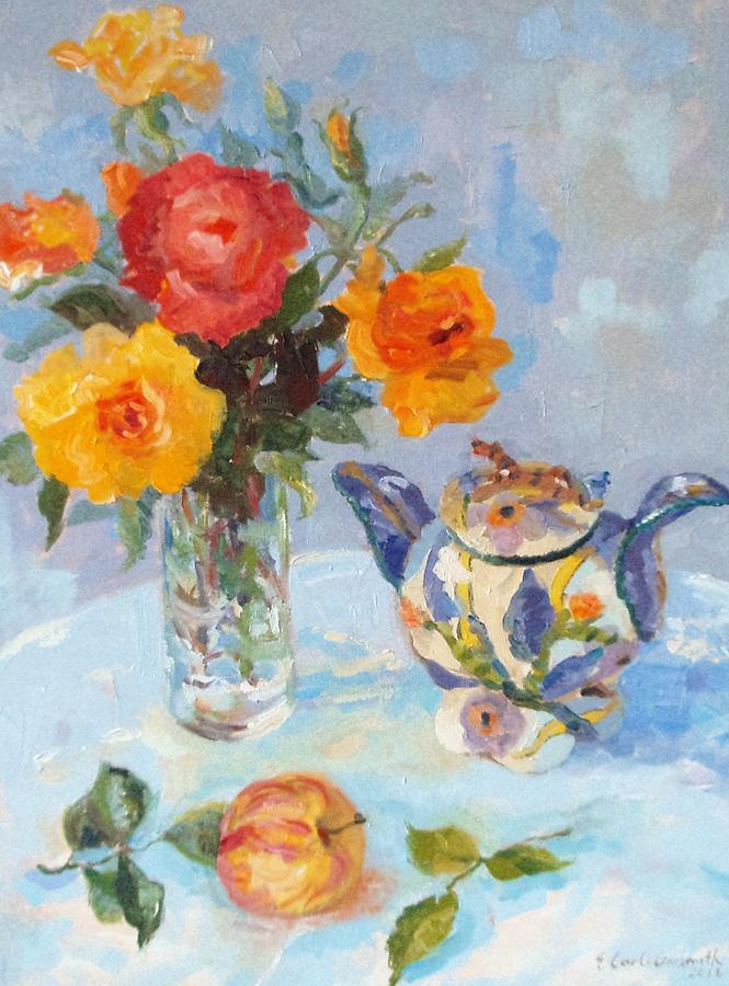 Roses, apple and Ardmore Jar Painting by Elinor Fletcher